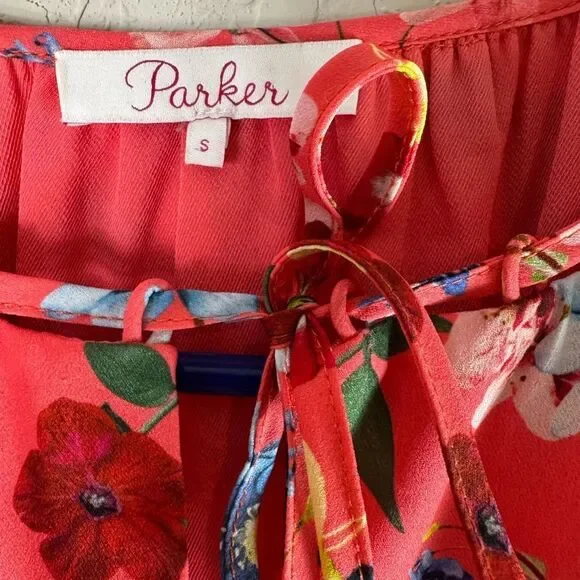 Parker Smocked Drop Waist Mini Dress Floral Deep Coral Size S - Picture 6 of 11